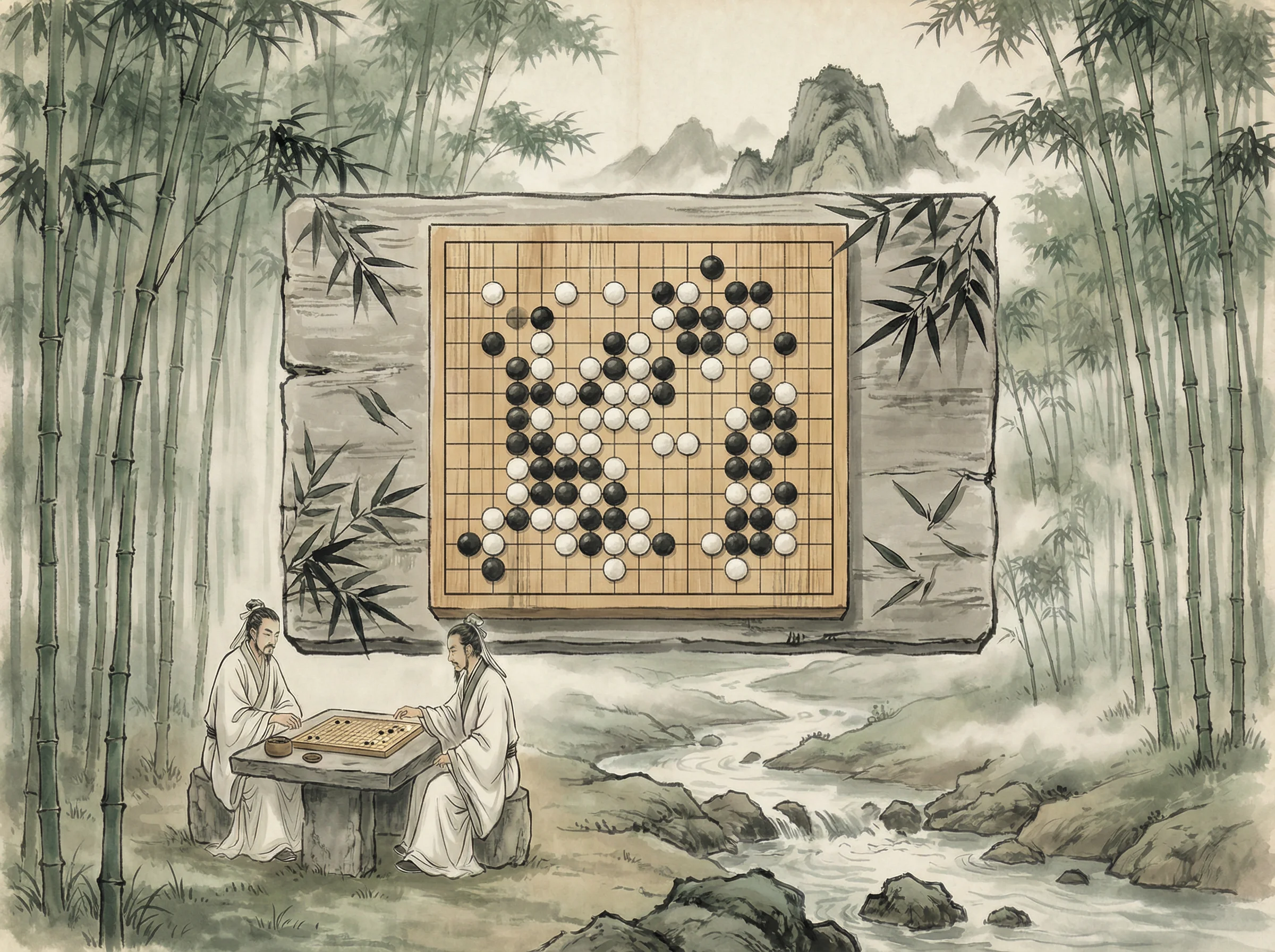 竹林悟道局 876棋牌 棋盘布局，黑白子对峙