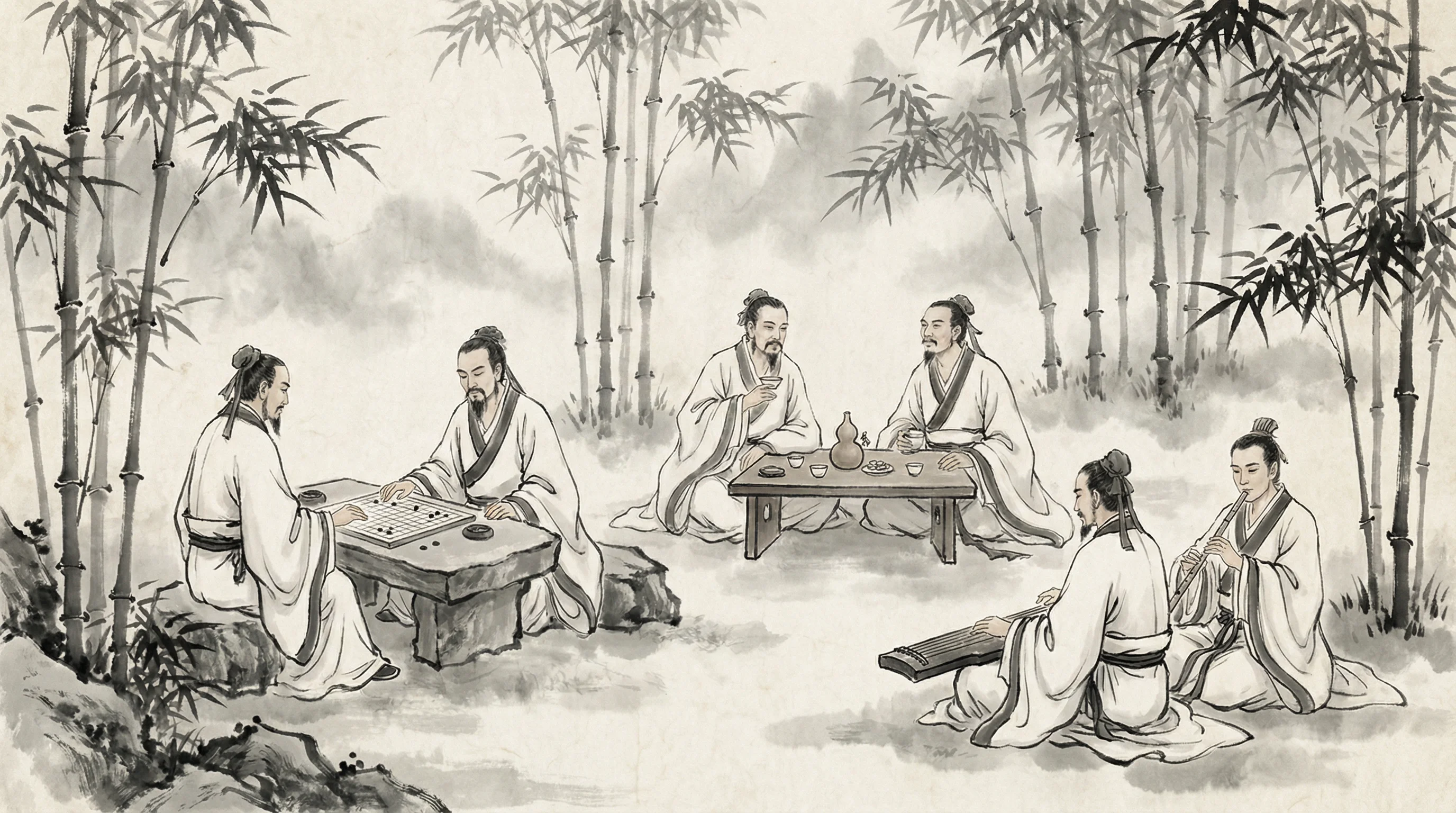 竹林七贤水墨画，隐士以棋会友，共参 876棋牌 之道
